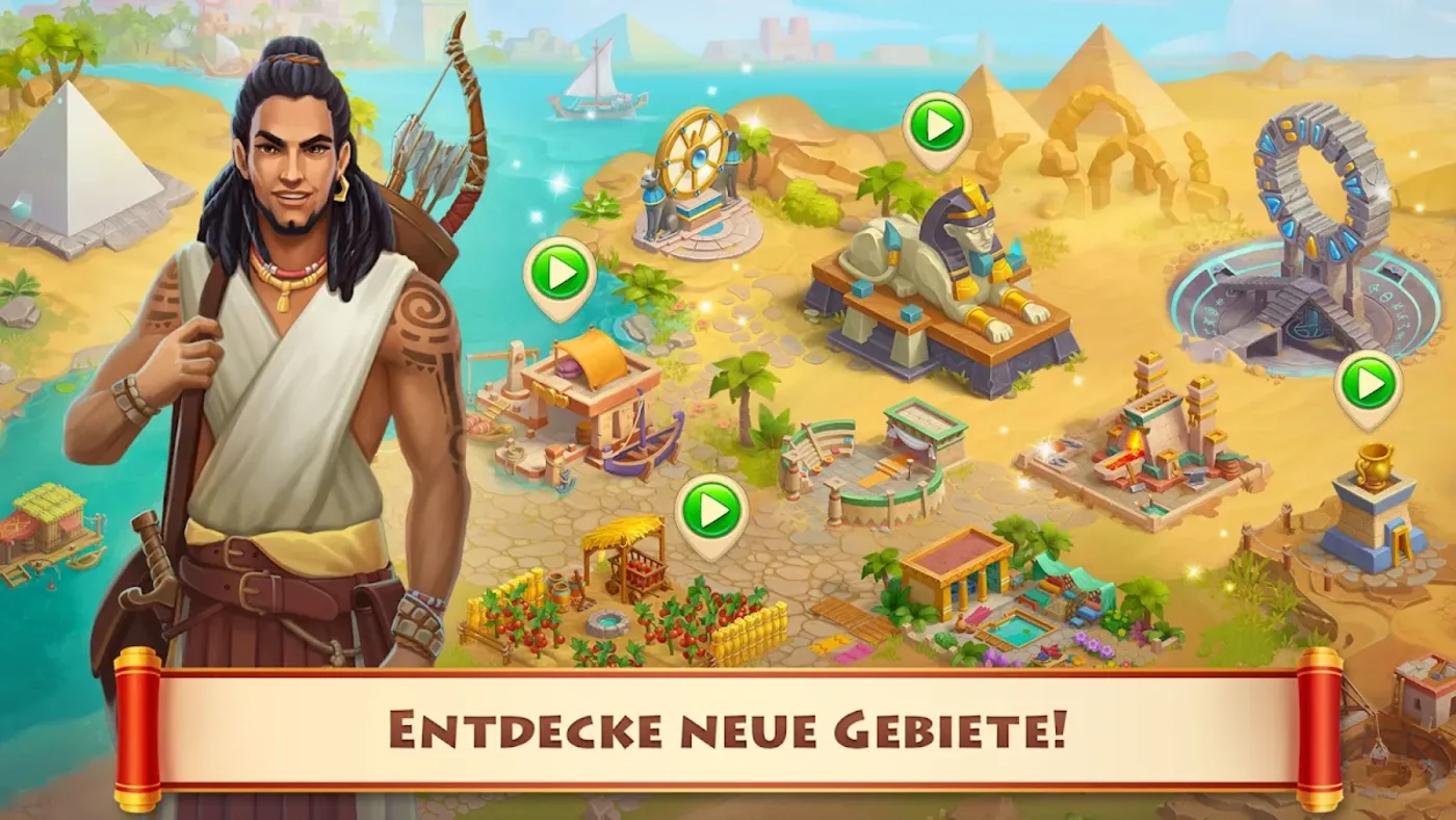 Cradle of Empires: Bogenschütze vor der Inselkarte, Text „Entdecke neue Gebiete!“