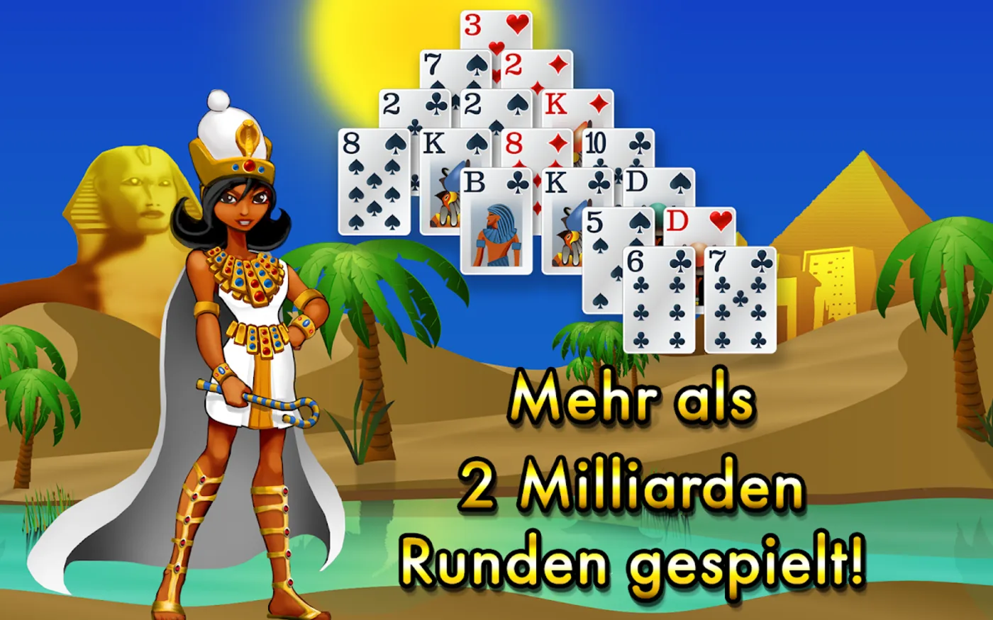 Pyramid Solitaire Egypt: Kartenpyramide vor Wüstenkulisse, „Mehr als 2 Milliarden Runden gespielt“