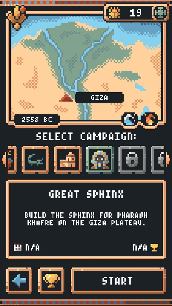 Tiny Pharaoh: Kampagnenauswahl mit dem Feldzug „Great Sphinx“ und Start-Schaltfläche